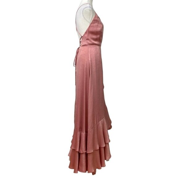 LULUS IN LOVE FOREVER ROSE PINK SATIN LACE-UP HIGH LOW RUFFLE FORMAL DRESS - S - Picture 3 of 10